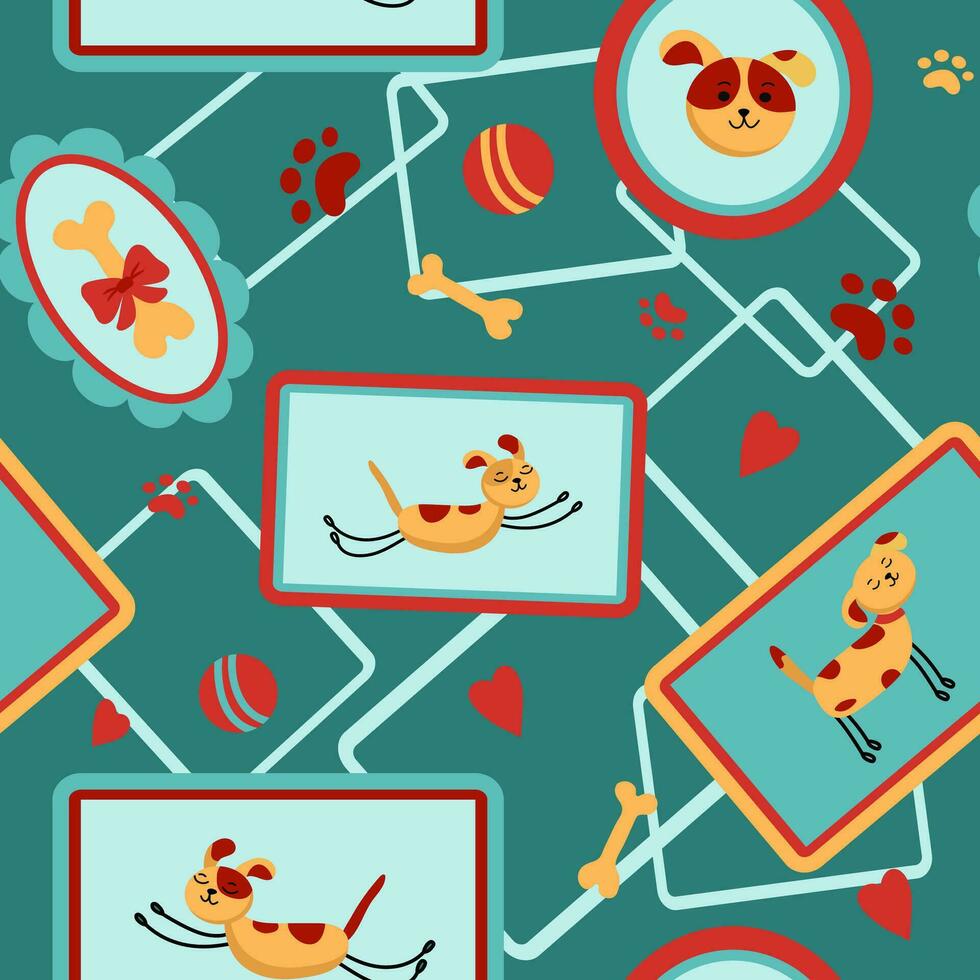 Cartoon pets . Seamless vector pattern with drawn dogs, frame, portrait. Drawings . Doodle illustration. Background for textiles, packaging.