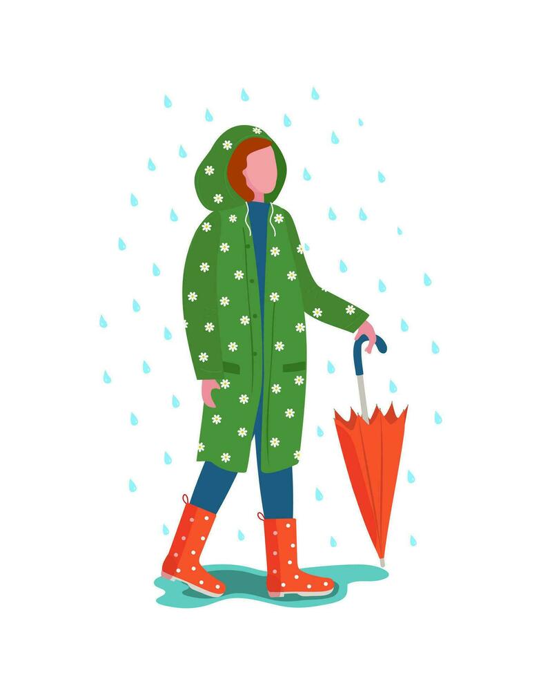 un niña y sombrilla. un joven mujer en un impermeable con un vaso de caliente café camina en el otoño parque. otoño hojas, cerrado sombrilla. contento expresión. vector ilustración, aislado blanco antecedentes.