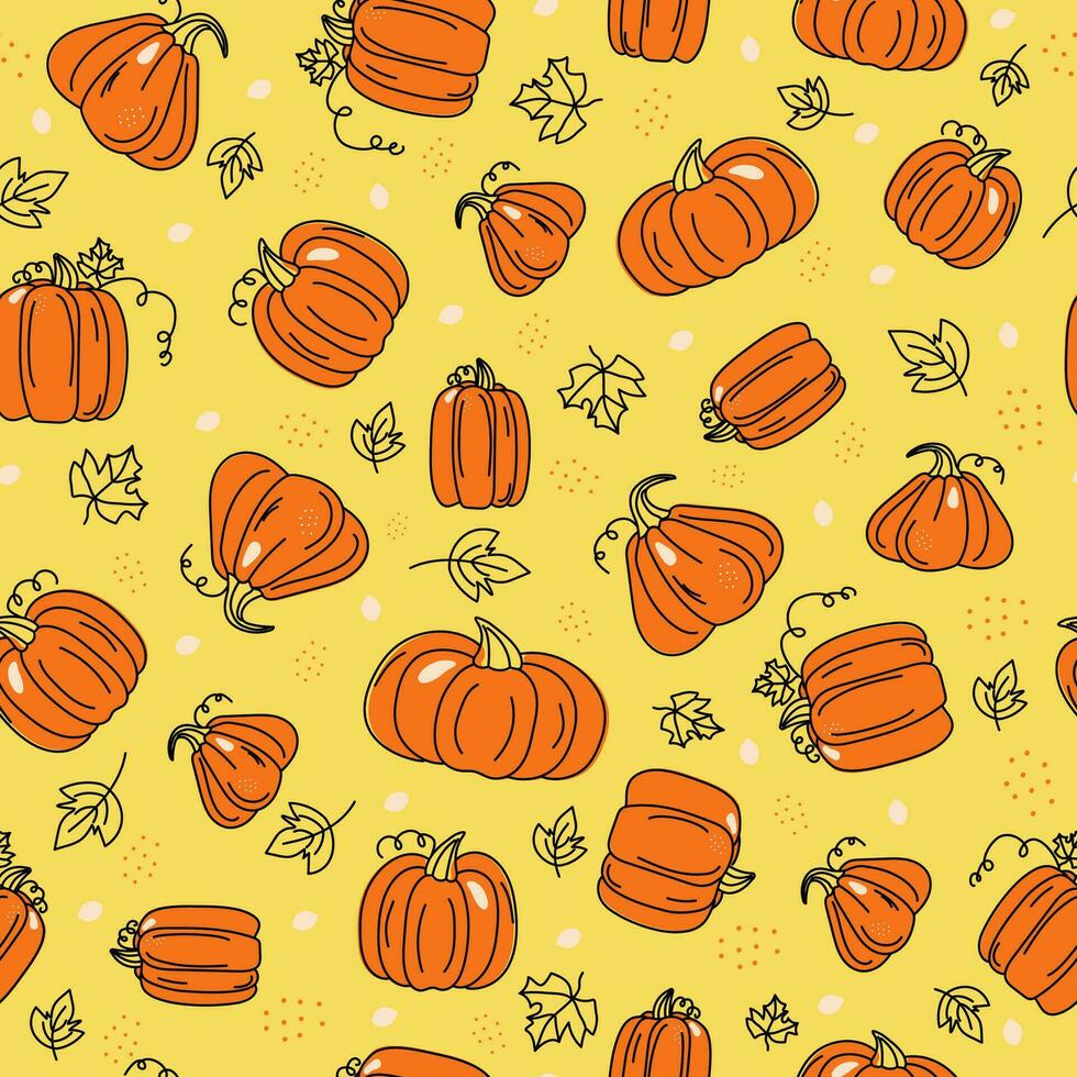 Pattern  pumpkin. Autumn, set of vegetables, a pumpkin. Harvest of vegetables. Halloween. Contour drawing, colored spots. Harvest, food. Fall season. Doodle. Vector seamless background.