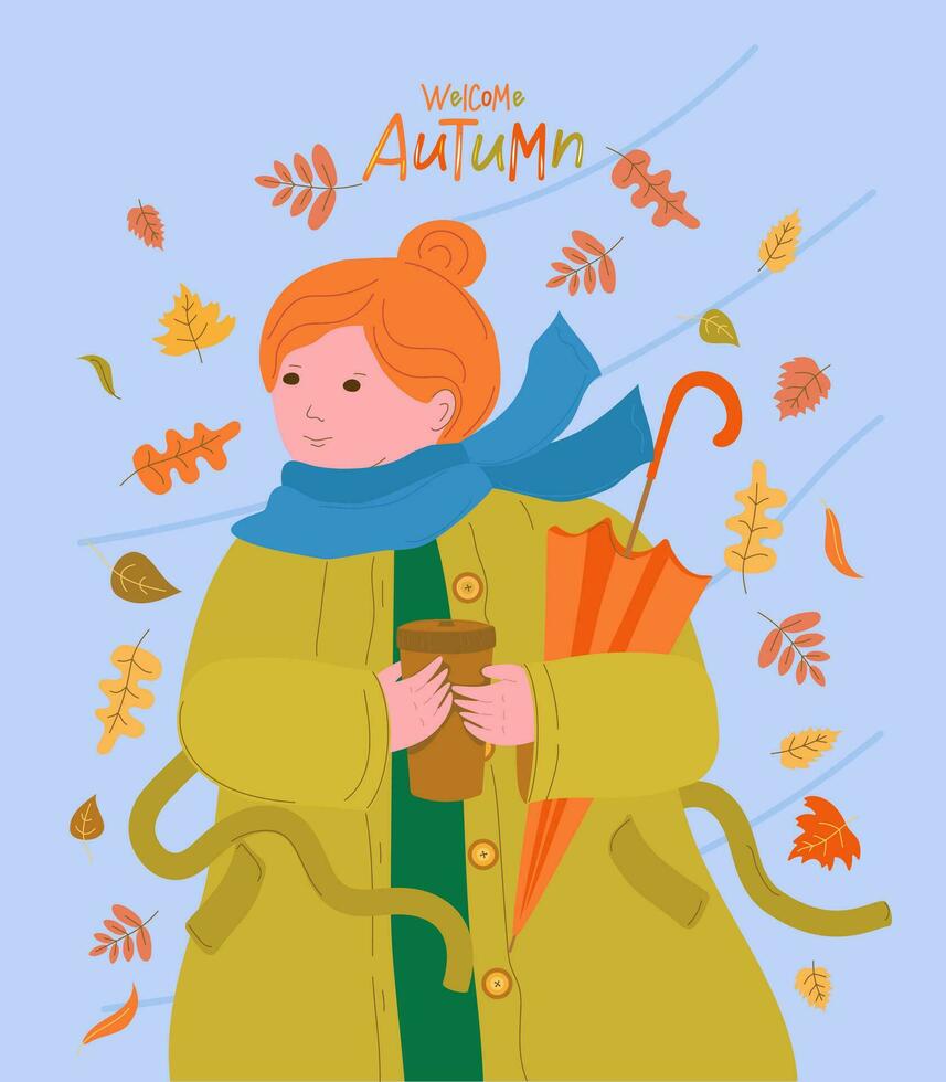 joven mujer, niña en un Saco y un calentar bufanda con un vaso de caliente café. otoño hojas, cerrado sombrilla. letras, Bienvenido otoño. caminar en el parque en el otoño de el hojas. vector ilustración.