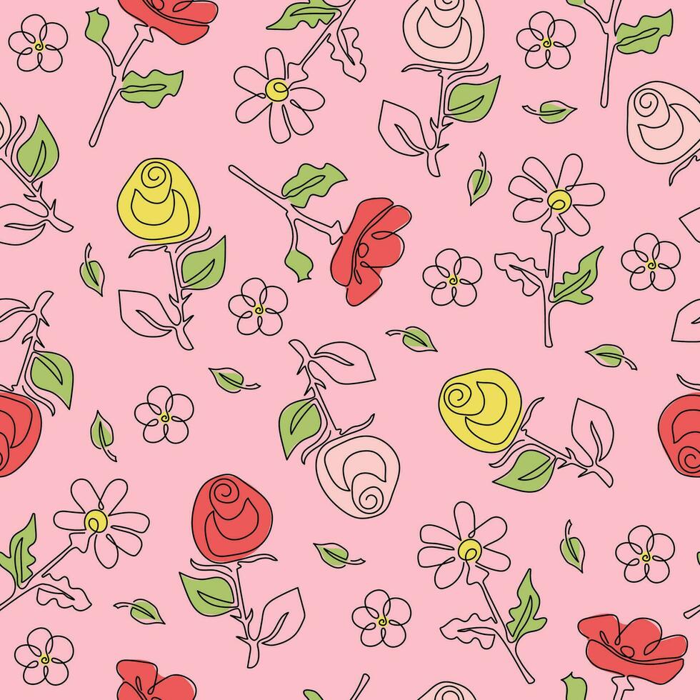 Flower pattern  line art. Drawing poppy, chamomile and rose. Colored seamless vector background with drawings of flowers.