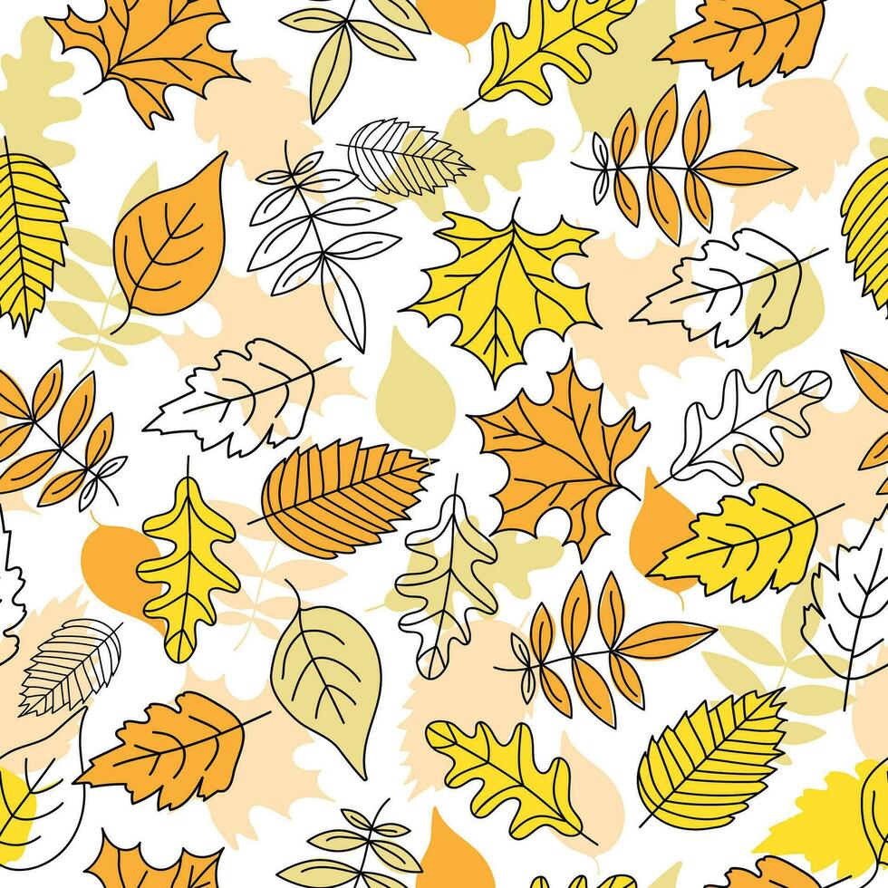 Autumn pattern, set of leaves, maple leaf, rowan leaf, oak leaf. Doodle, drawings, sketch. Autumn season. Contour vector illustration, seamless texture. Background .