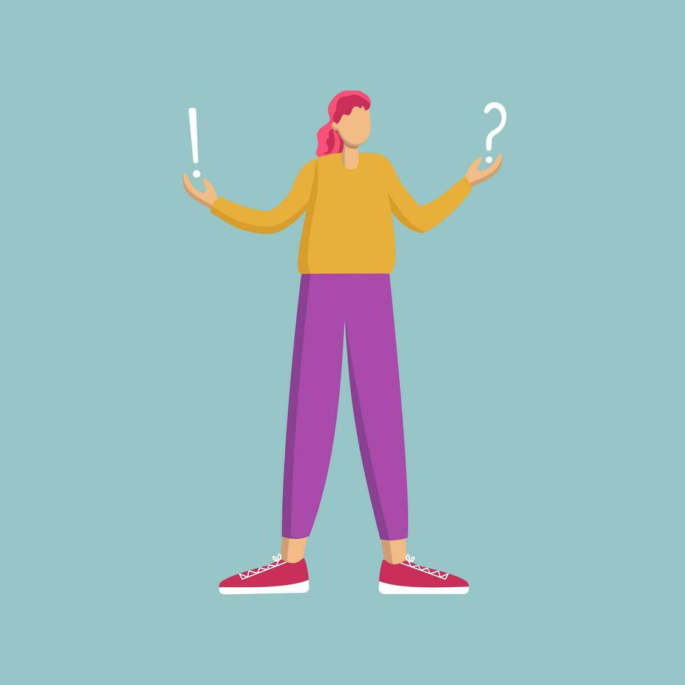 Girl, young woman solves a problem, thinks, chooses the right solution. Question mark and exclamation mark. Business problem solving concept. Vector illustration. The background is isolated.