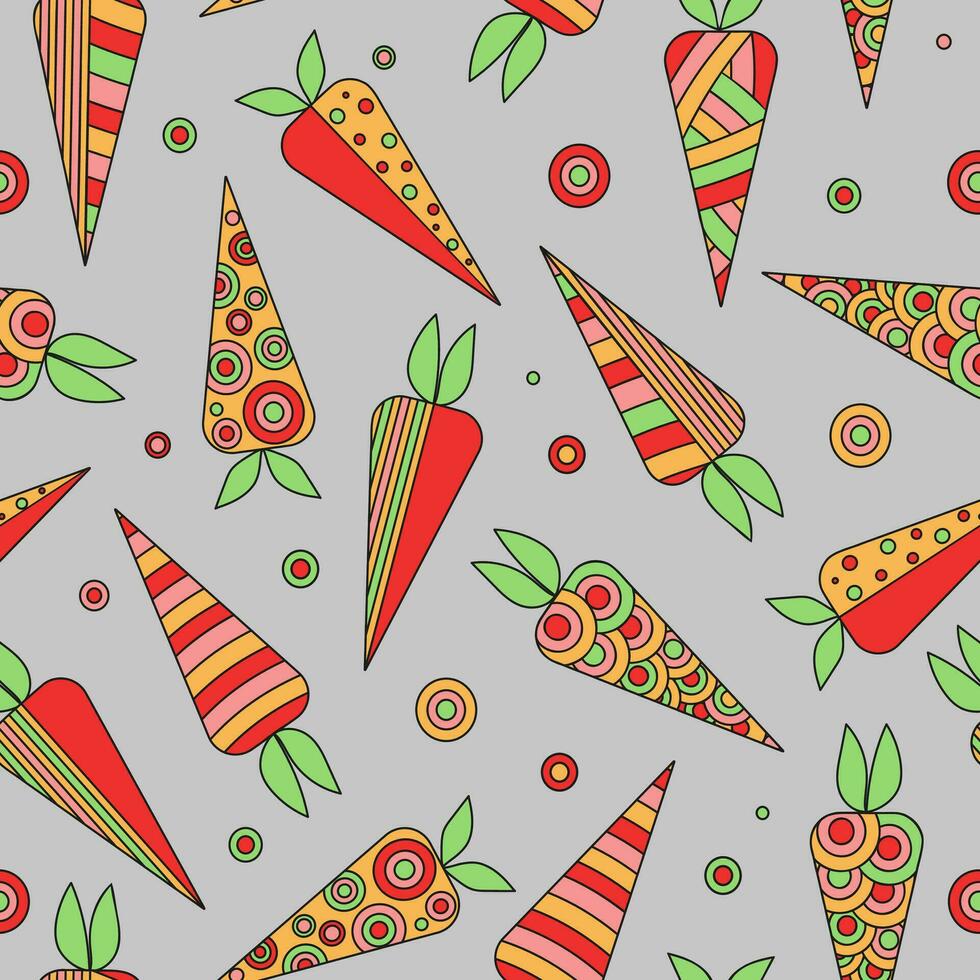 Carrot abstract, ornament. The pattern seamless. Bright vegetables. Drawings, doodle. Vegetarian food. Vector illustration on white isolated background.