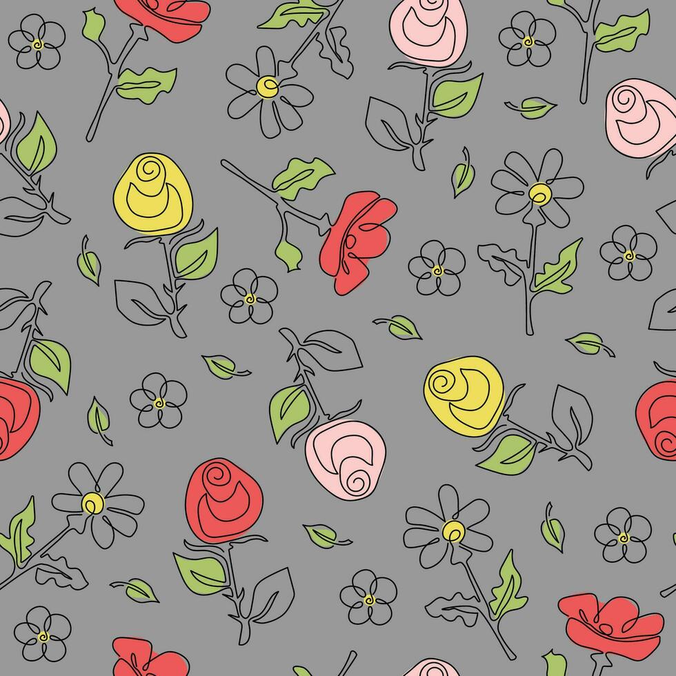 Flower pattern  line art. Drawing poppy, chamomile and rose. Colored seamless vector background with drawings of flowers.