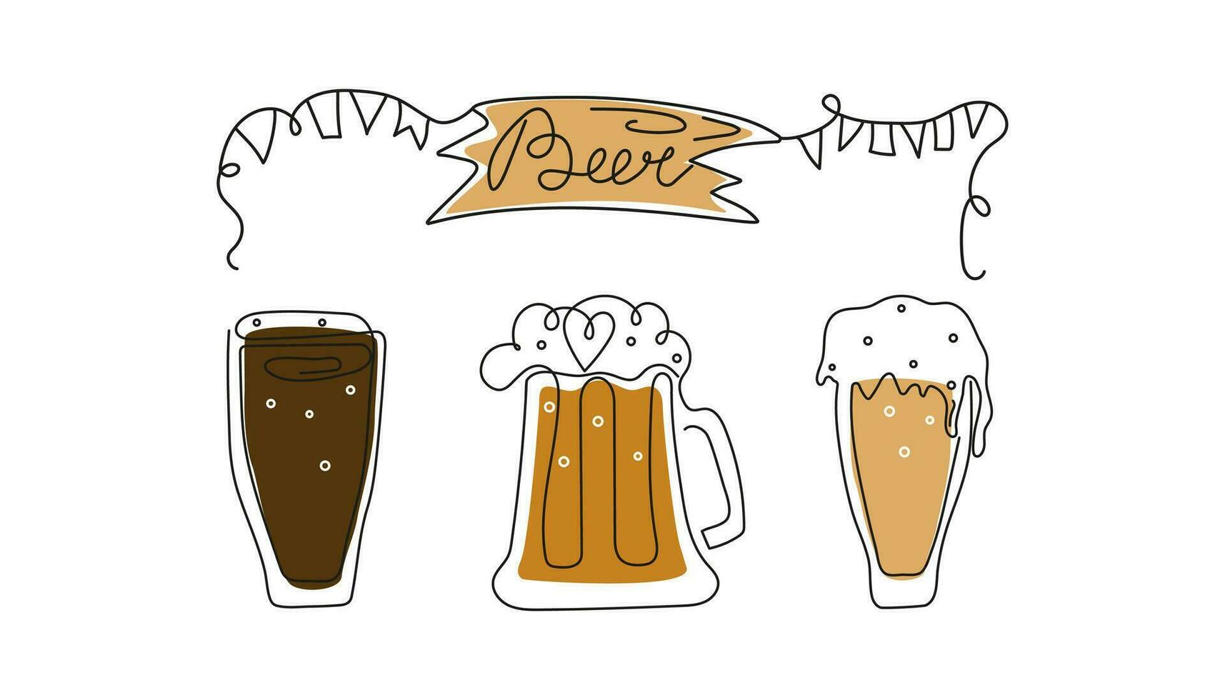 Set of beer mugs in line art style. Beer Day, festival, holiday. Wooden sign with lettering. Calligraphy, outline drawing. Oktoberfest, October. Vector illustration, background isolated.