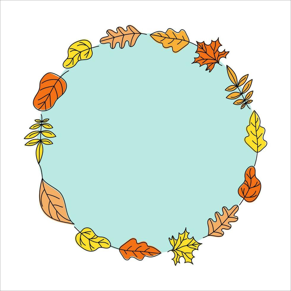Banner Autumn Leaves . Round border frame. Set, background with leaves. Leaves flying. Doodle style drawings. Color vector illustration, isolated background.
