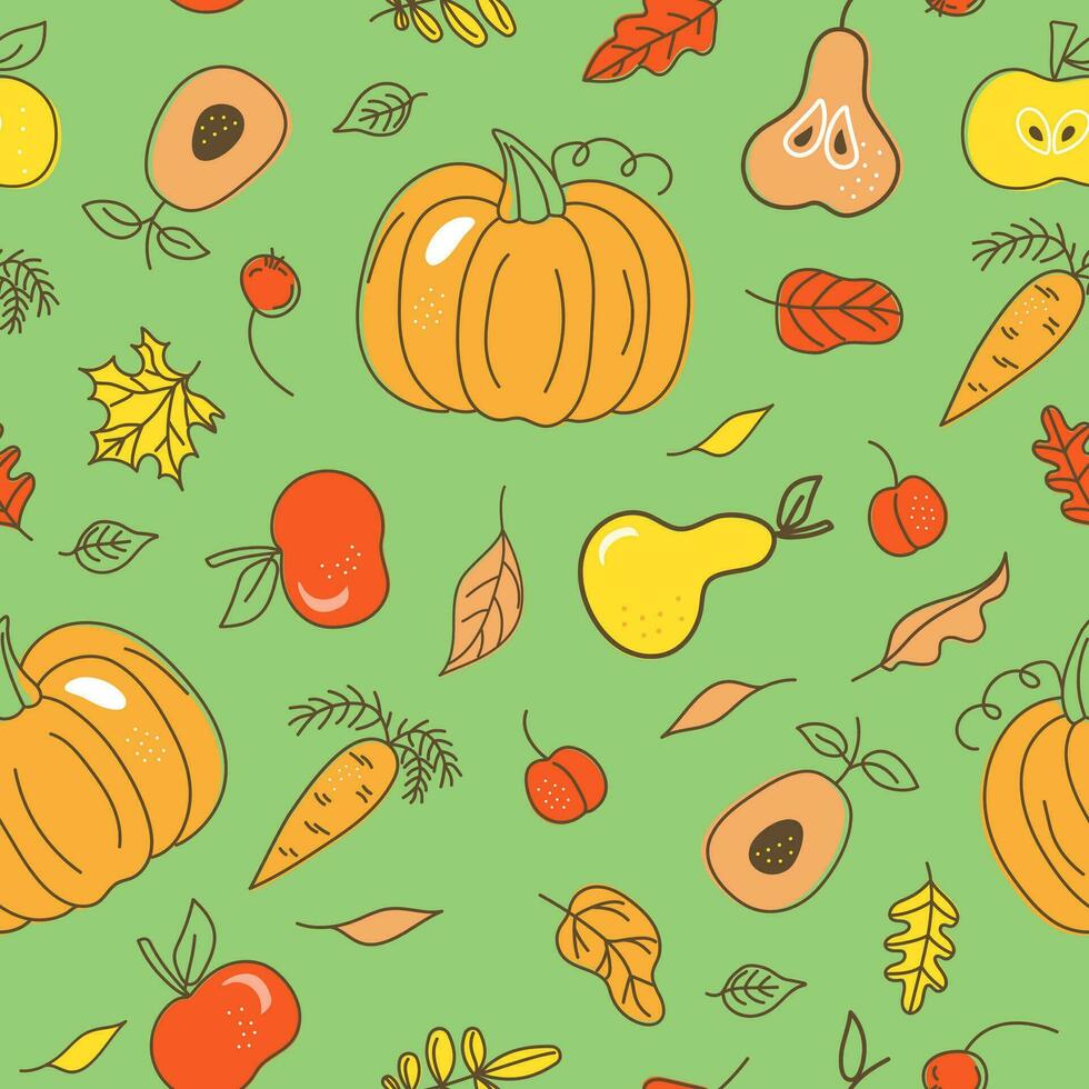 Set of patterns with autumn leaves, fruits and vegetables. Food, fall natural seamless background. Harvest Celebration. Leaffall. Doodle style drawings. Color vector illustration, isolated background.