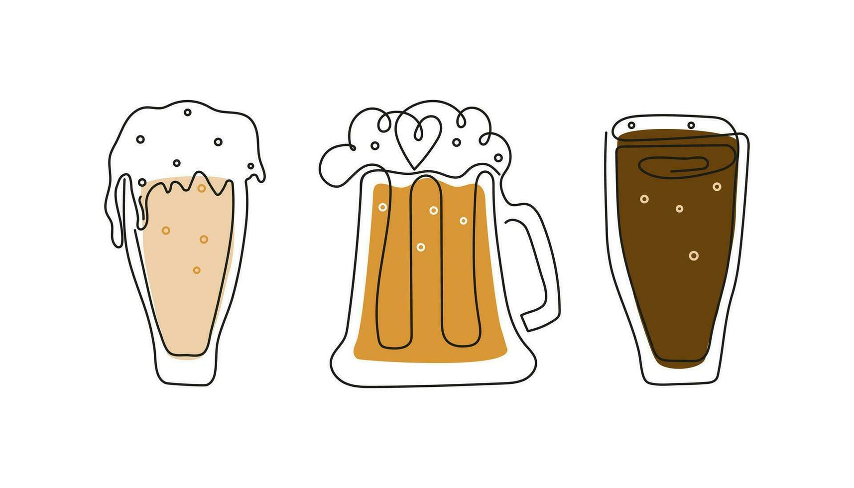 Beer Day, festival, holiday. Oktoberfest. Set of beer mugs in line art,  outline drawing. Vector illustration, background isolated.