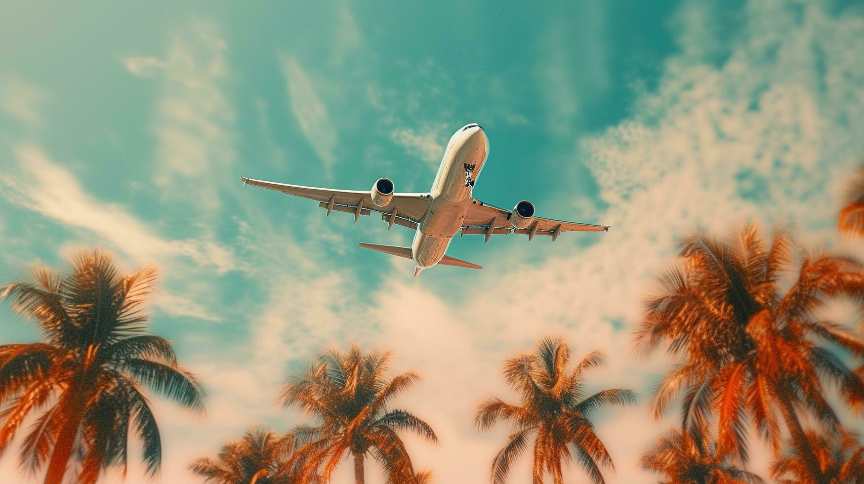 Generative AI, plane fliing over a tropical island with palm trees. Travel, vacation concept. Beautiful sky background photo