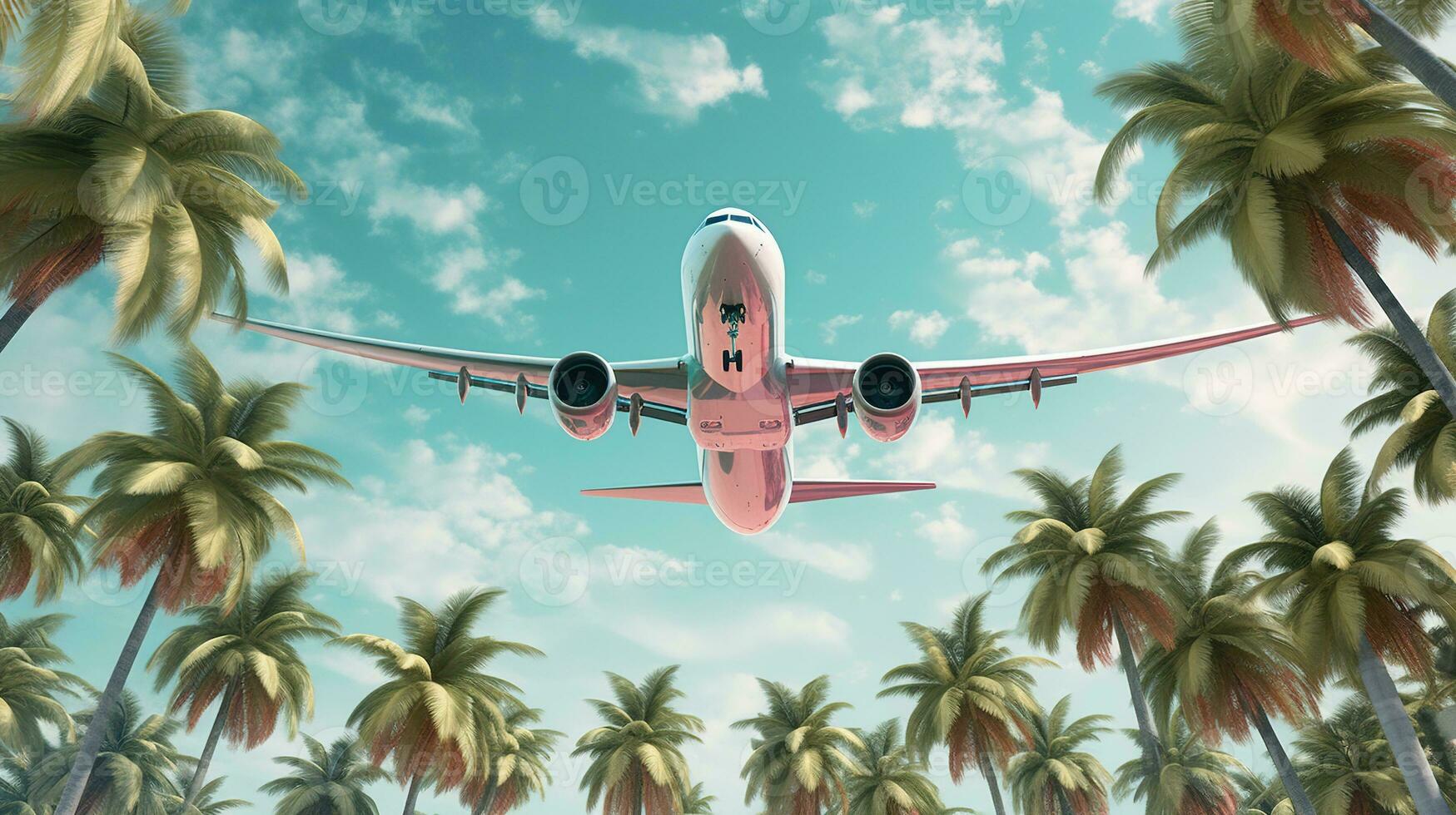 generativo ai, avión volando terminado un tropical isla con palma arboles viajar, vacaciones concepto. hermosa cielo antecedentes foto