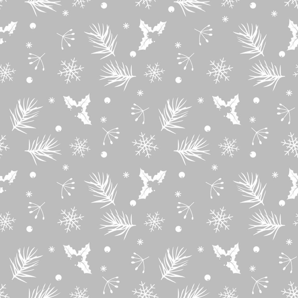 Seamless pattern with pine cone, holly berry and snowflakes. Background for gift wrapping paper, textille vector