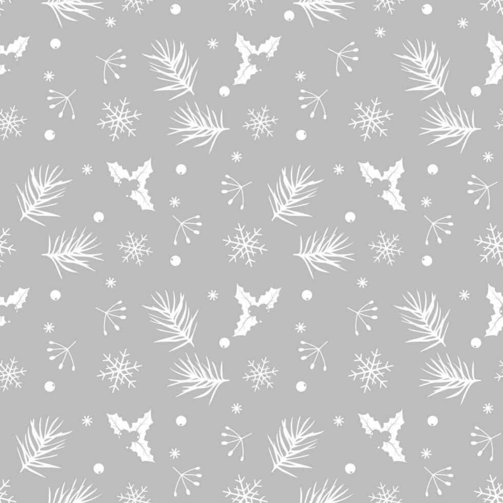 Seamless pattern with pine cone, holly berry and snowflakes. Background for gift wrapping paper, textille vector