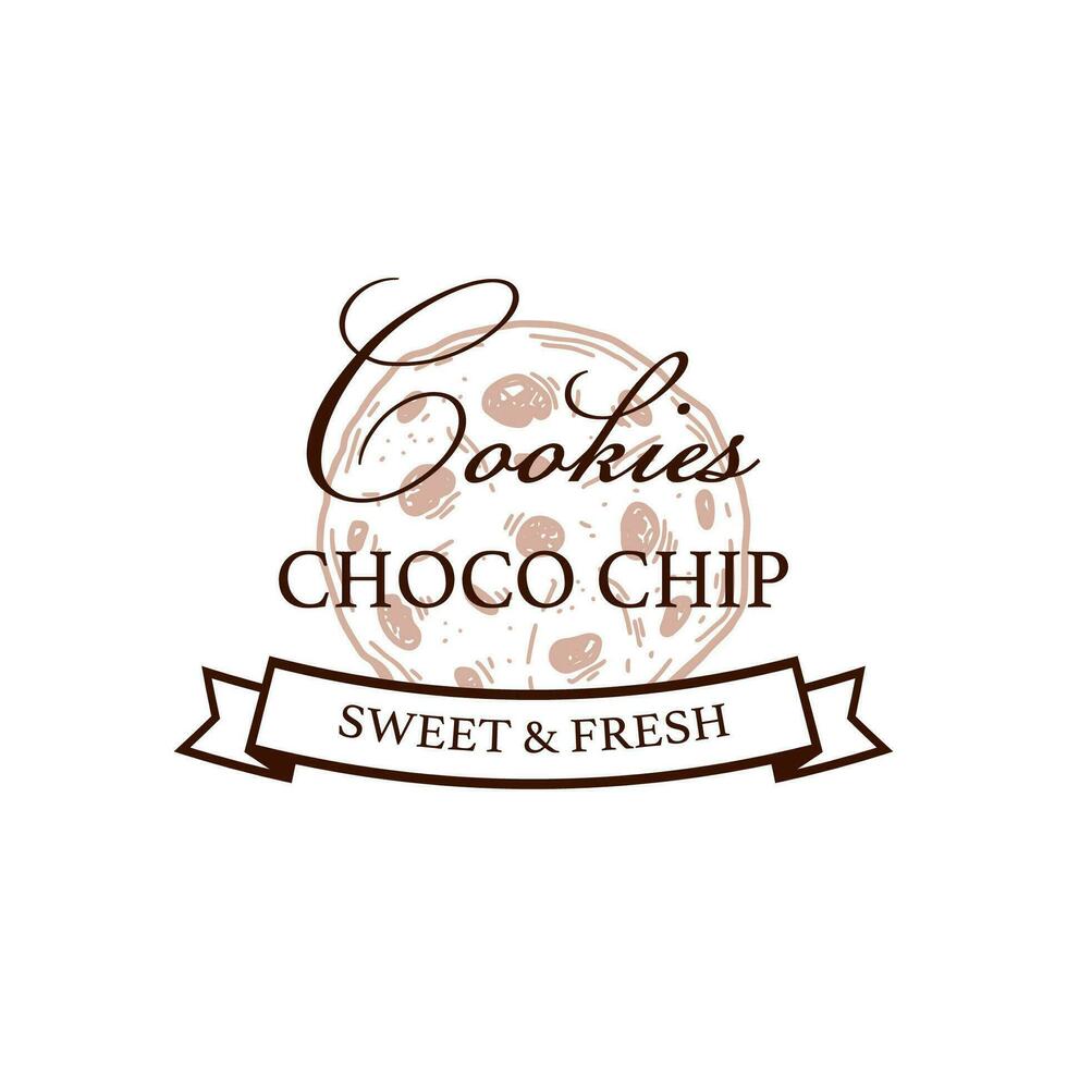 Choco chip cookie logo template. Vector illustration in sketch style. Design for branding and packaging. Bakery product