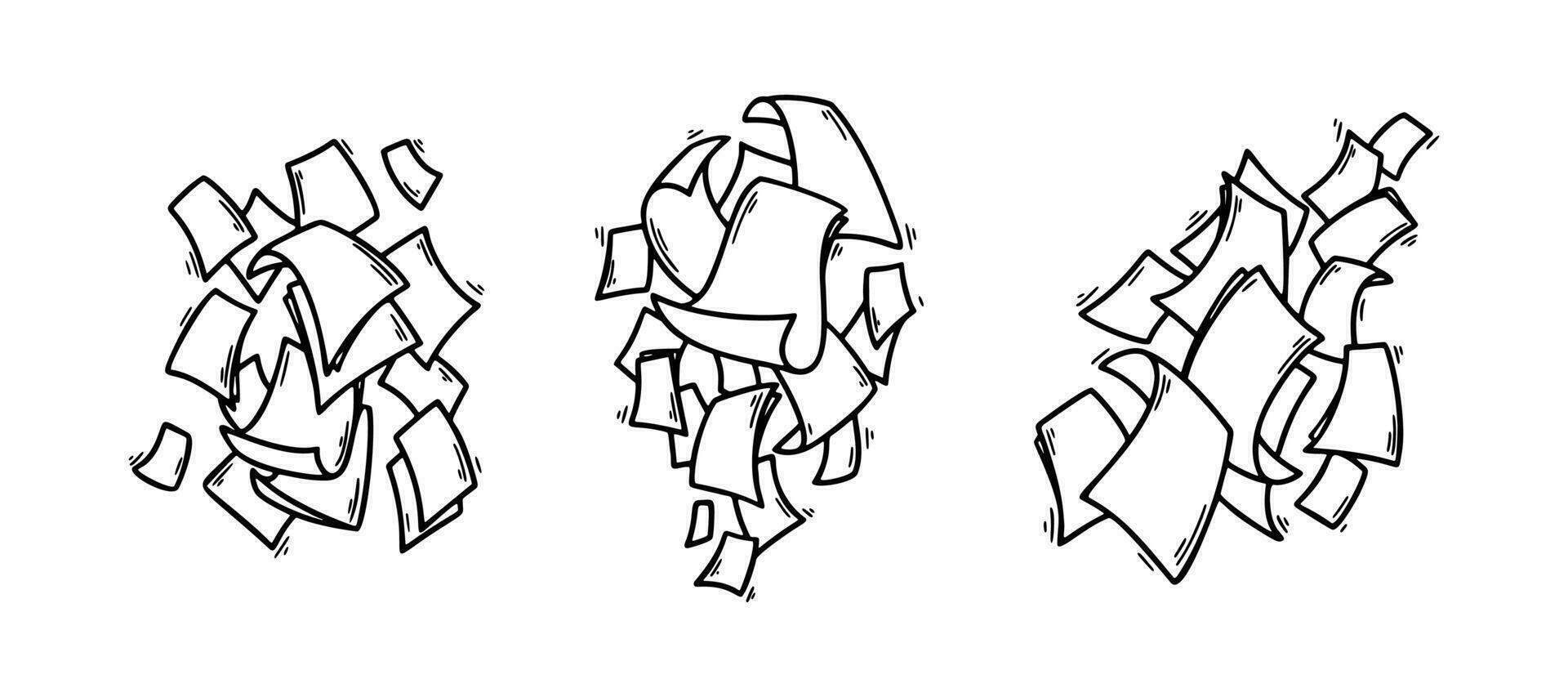 Flying paper sheets in doodle style. Hand drawn blank document pages. Falling files of documents. Office business vector illustration