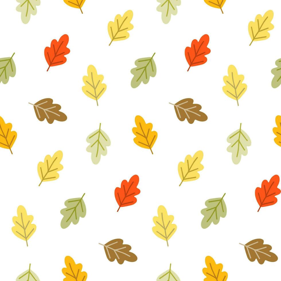 Seamless pattern of doodle oak leaves on isolated background. Hand drawn vector illustration in warm colours. Background for Autumn harvest holiday, Thanksgiving, Halloween, textile, scrapbooking.