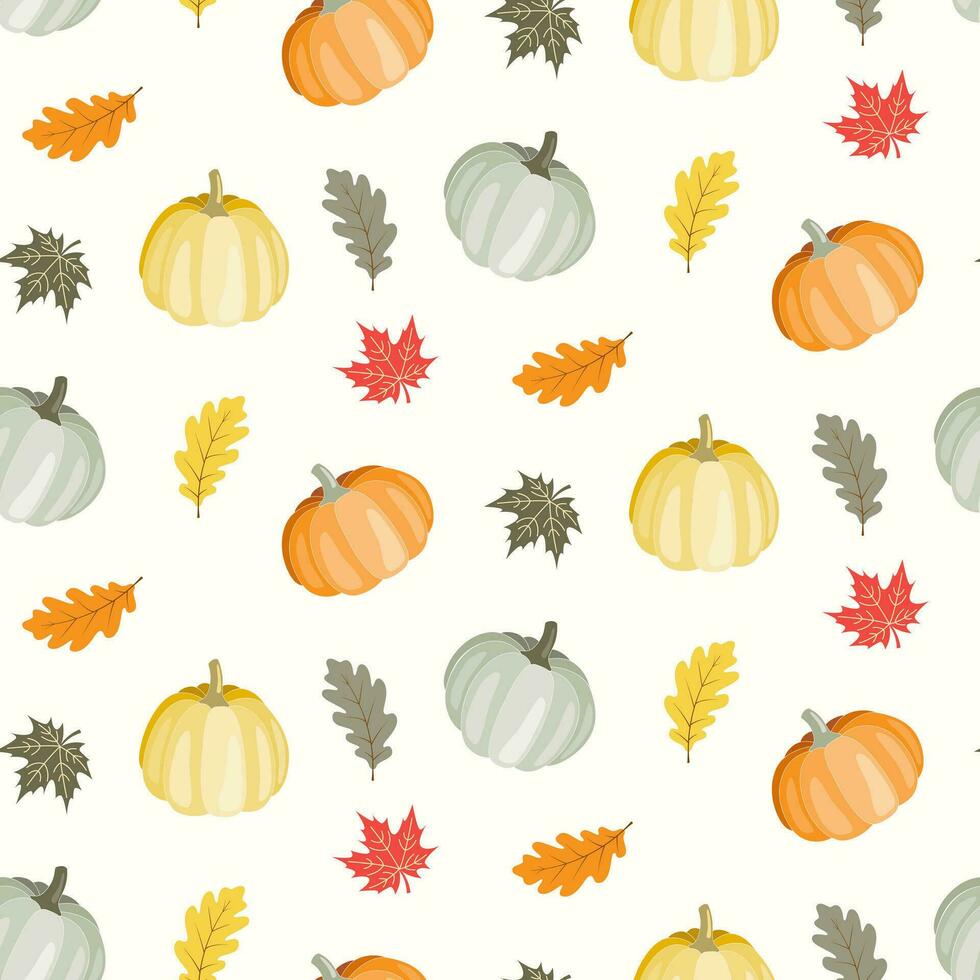 Seamless pattern of doodle autumn leaves and pumpkins on isolated background. Hand drawn background for Autumn harvest holiday, Thanksgiving, Halloween, seasonal, textile, scrapbooking, paper crafts. vector