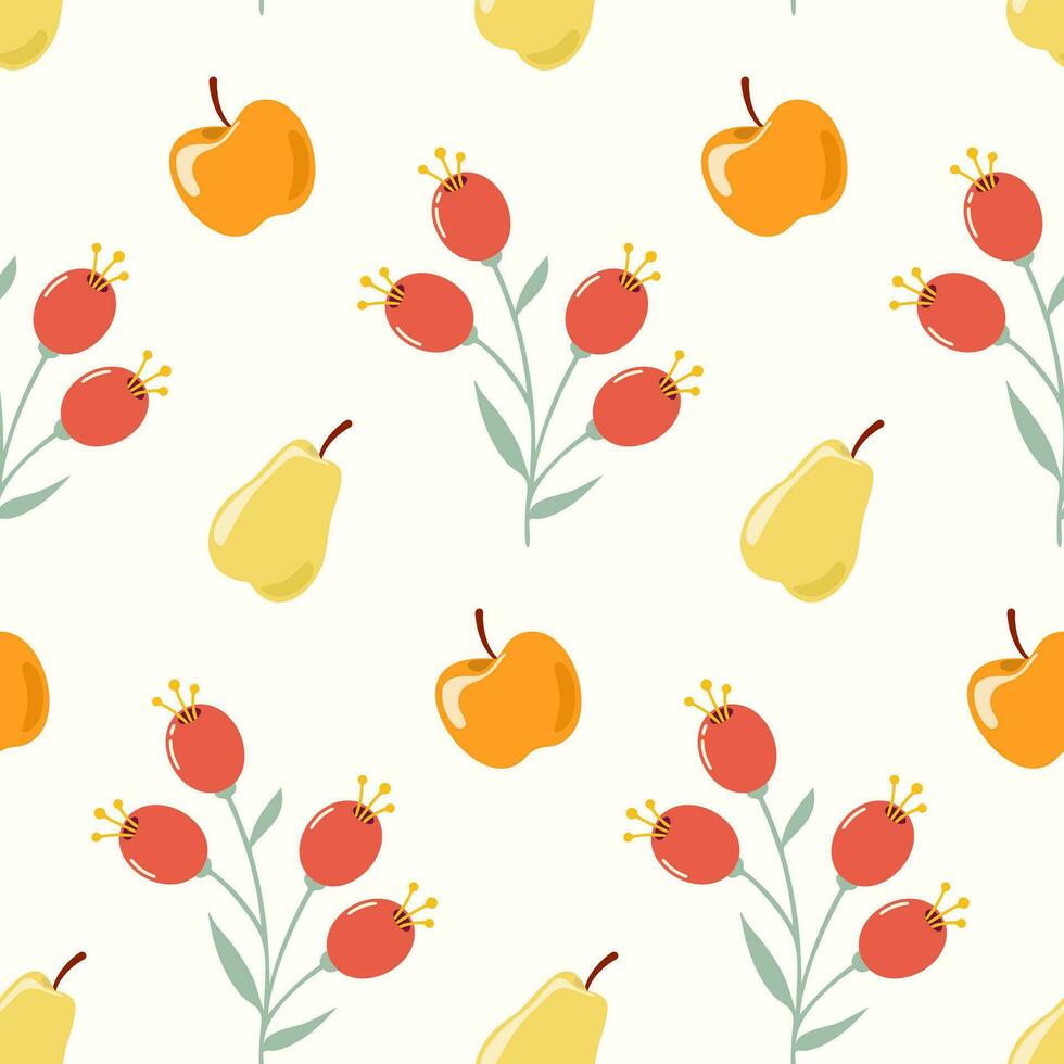 Seamless pattern of doodle apples, pears and rose hips on isolated background. Hand drawn background for Autumn harvest holiday, Thanksgiving, Halloween, seasonal, textile, scrapbooking, paper crafts. vector