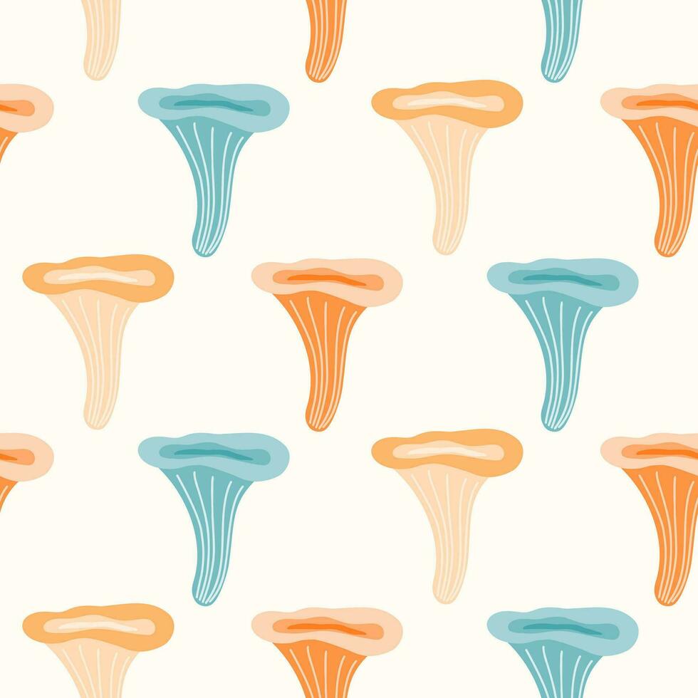 Seamless pattern of doodle chanterelle mushrooms on isolated background. Hand drawn background for Autumn harvest holiday, Thanksgiving, Halloween, seasonal, textile, scrapbooking, paper crafts. vector