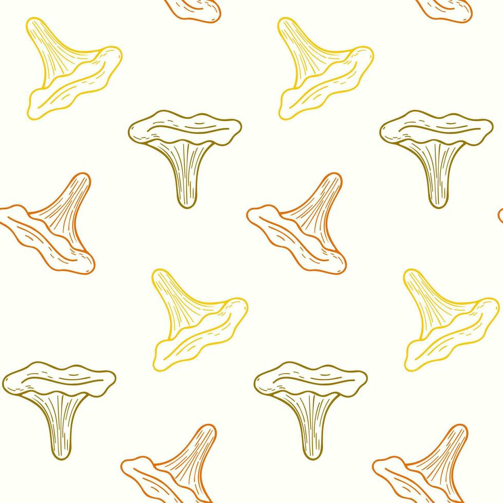 Seamless pattern of doodle of chantarelle mushrooms on isolated background. Hand drawn background for Autumn harvest holiday, Thanksgiving, Halloween, seasonal, textile, scrapbooking, paper crafts. vector