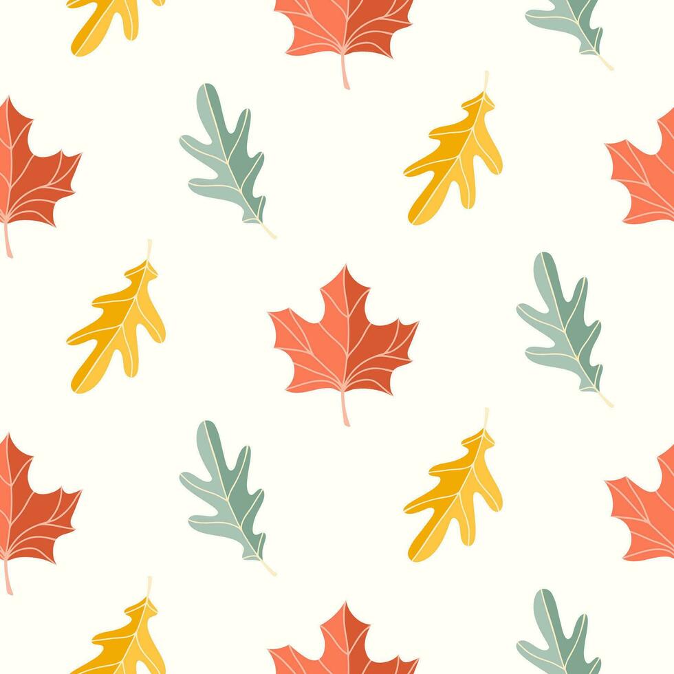 Seamless pattern of doodle maple and oak leaves on isolated background. Hand drawn background for Autumn harvest holiday, Thanksgiving, Halloween, seasonal, textile, scrapbooking. vector