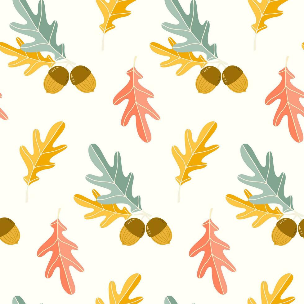 Seamless pattern of doodle oak leaves and acorns on isolated background. Hand drawn background for Autumn harvest holiday, Thanksgiving, Halloween, seasonal, textile, scrapbooking. vector