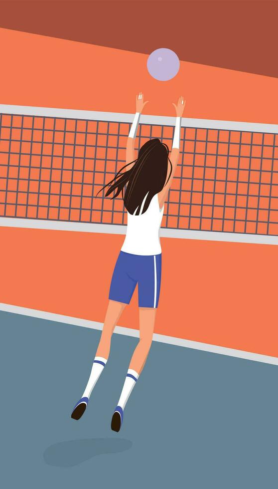 Deportes juego vóleibol en el naranja campo. vector. vector