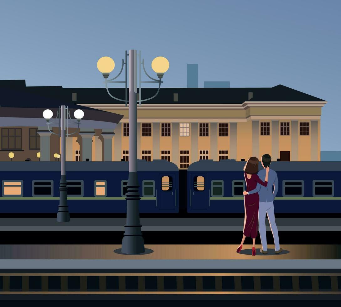 Meeting of lovers at the railway station. Vector. vector