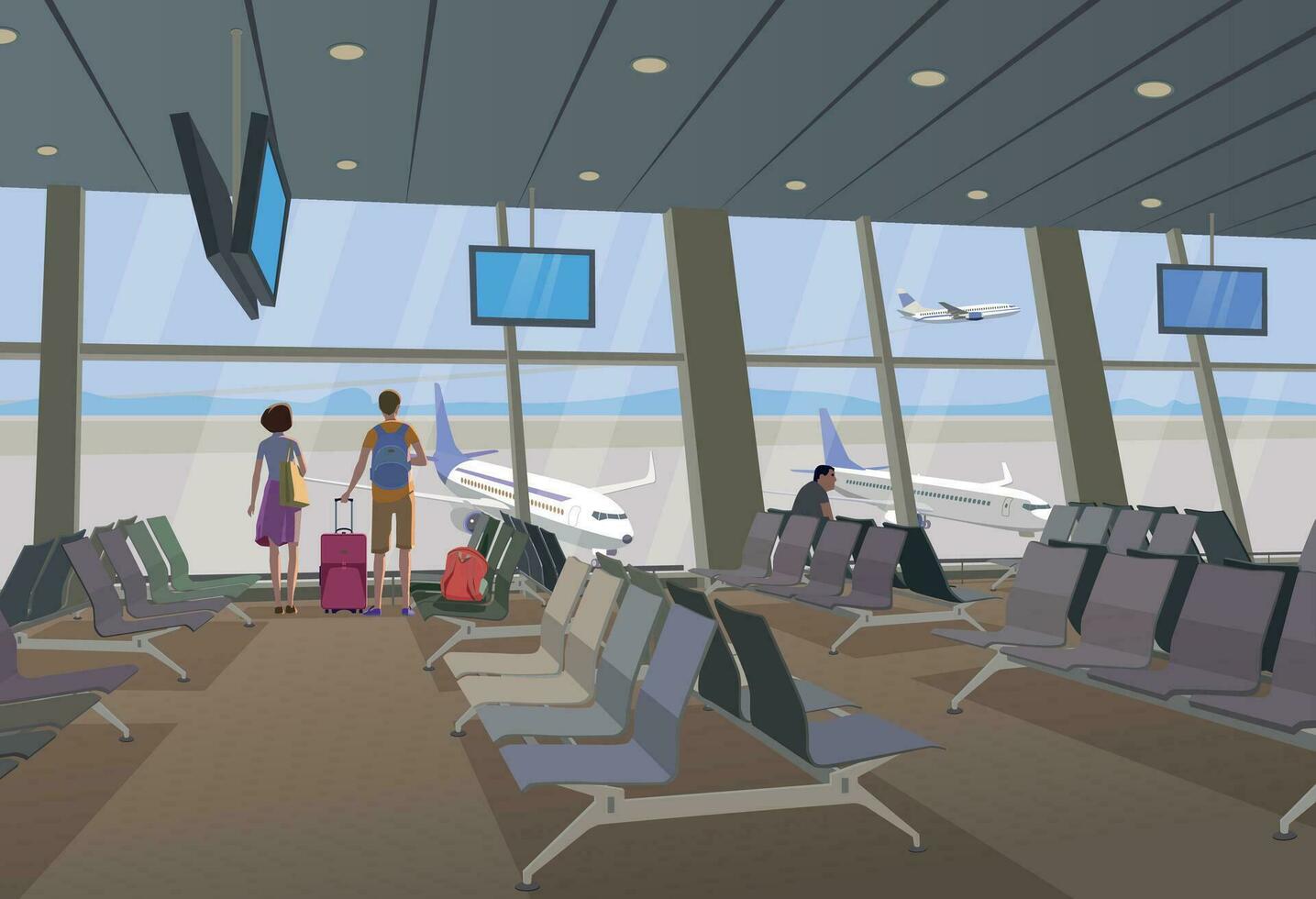Family at the airport with luggage looking out the window at the planes. Vector. vector