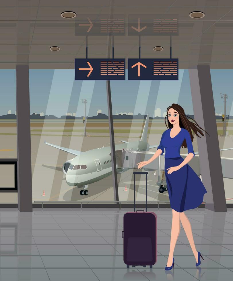 The girl at the airport on the background of the plane. Vector. vector