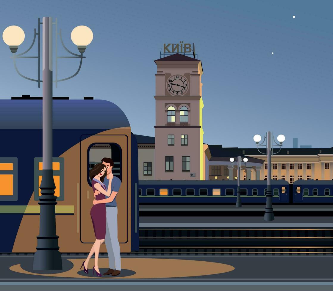 Girl girl on the platform of the railway station waiting for the train. Vector. vector