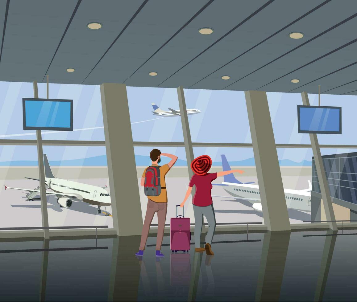 Family at the airport look out the window at the airport and airplanes. Vector. vector