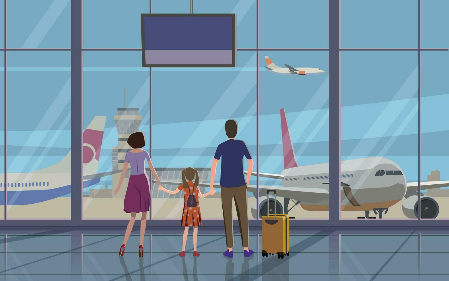 A family with a daughter at the airport look at the planes. Vector. vector