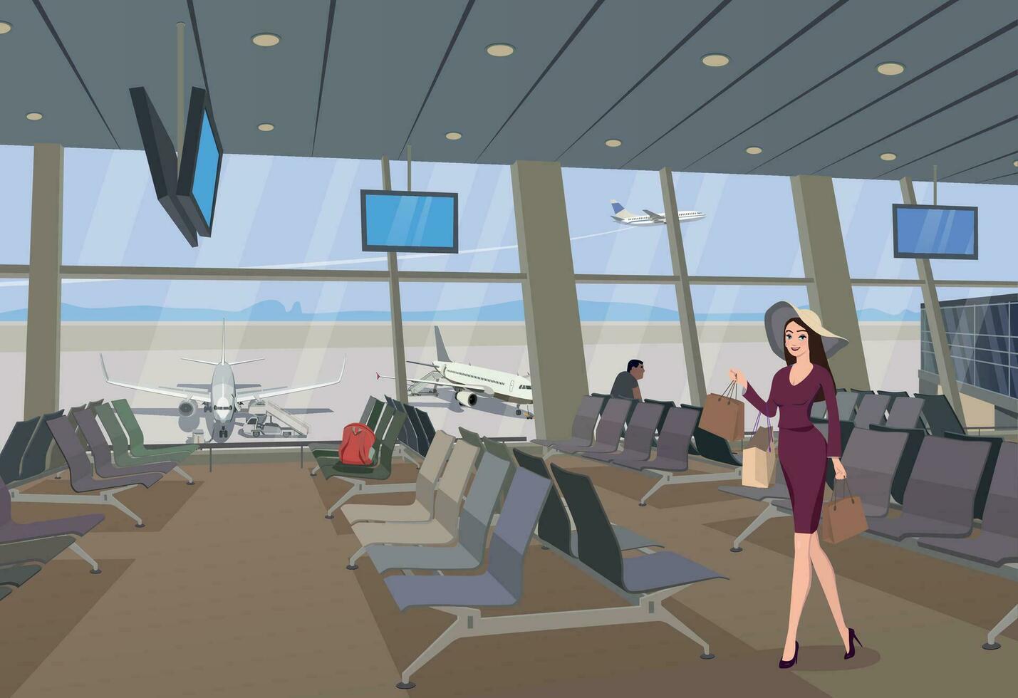 A girl in duty free shopping in the airport terminal. Vector. vector