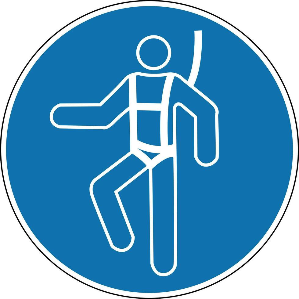 Sign of safety equipment at height. Mandatory sign. Round blue sign. Tie-down belts. Work at height only with climbing equipment. Follow safety rules at height. Seat belts. vector