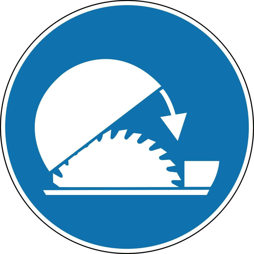 Sign of protective cover on the tool. Mandatory sign. Round blue sign. Use a protective cover to protect against injury. Circular saw with a toothed disc. Follow the safety rules. vector