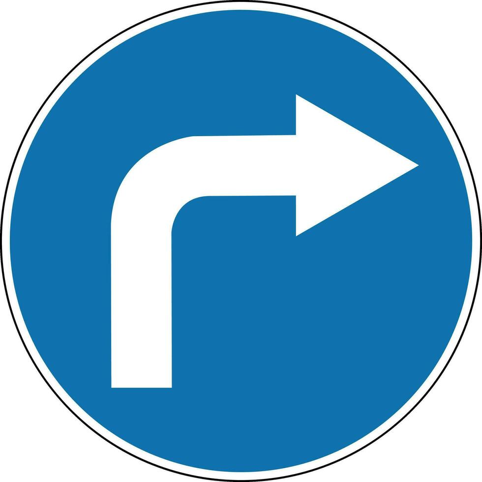 Right turn sign. Mandatory sign. Round blue sign. Right turn. Sign allows movement only to right. Road sign. Obey the rules of the road. vector