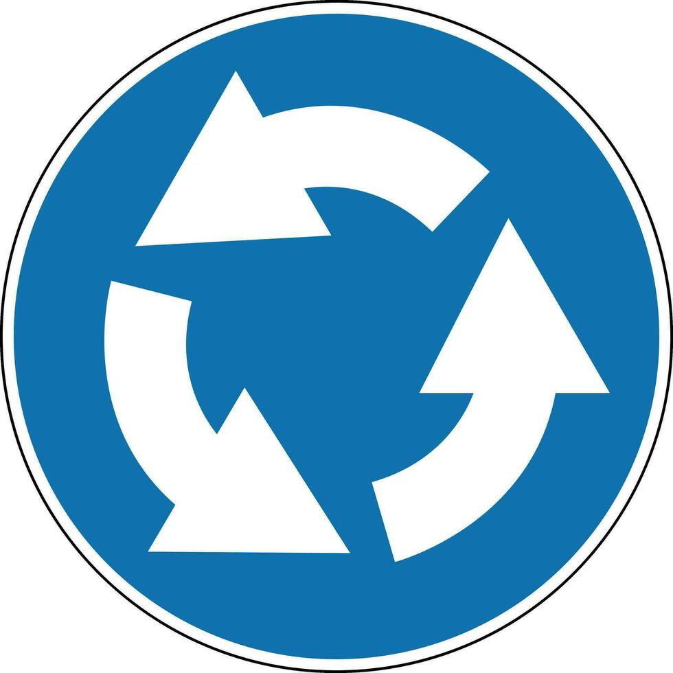 Roundabout direction sign. Mandatory sign. Round blue sign. Drive around the flowerbed in the direction shown by the arrows at the roundabout. Road sign. Central island. vector