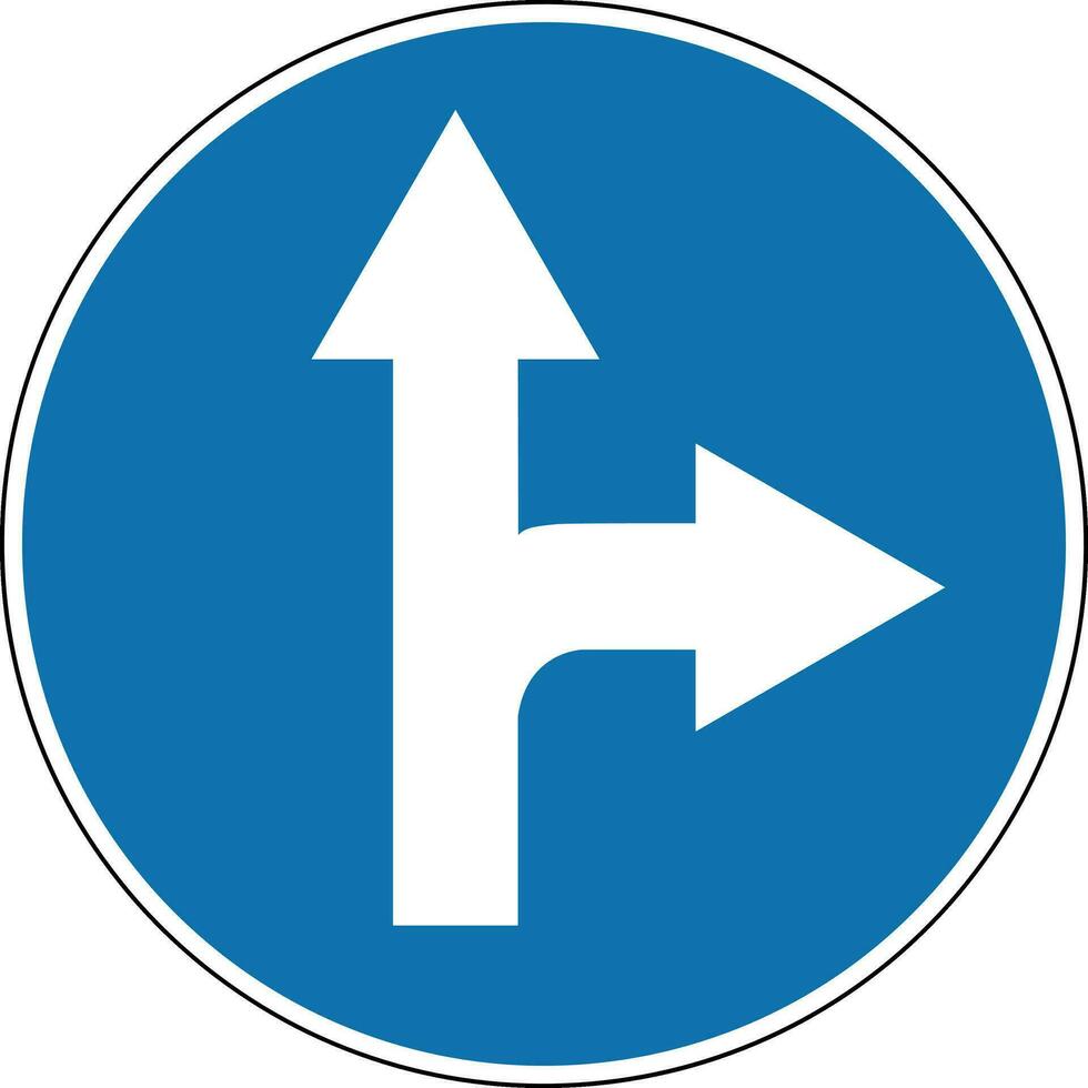 Sign move straight or right. Mandatory sign. Round blue sign. Straight ahead and turn right. The sign allows movement only straight and to the right. Obey the rules of the road. Road sign. vector