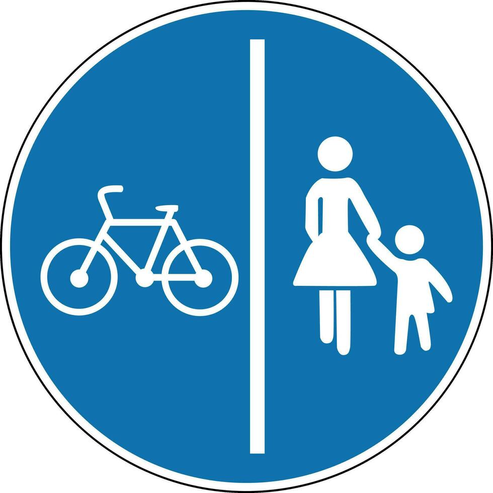 Pedestrian and bike path sign. Mandatory sign. Round blue sign. Separated path for cyclists and pedestrians. Road sign. Obey the rules of the road. vector