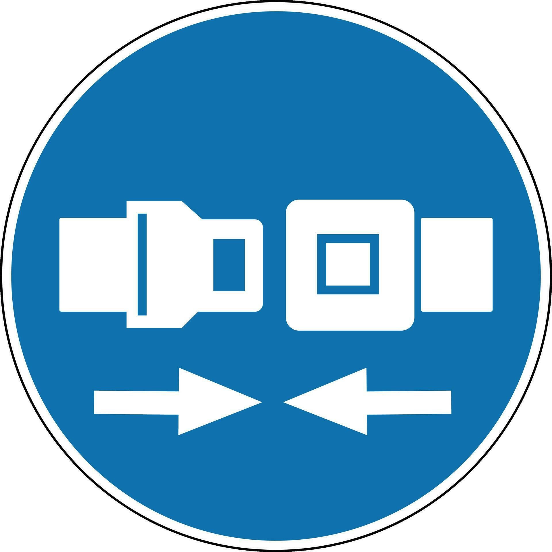 Seat belt sign. Mandatory sign. Fasten your seat belt. Round blue sign. Buckle and belt. Road