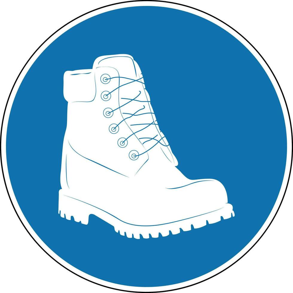 Safety shoes sign. Mandatory sign. Round blue sign. Use safety shoes. Wear boots to protect your feet from injury. Follow the safety rules. vector