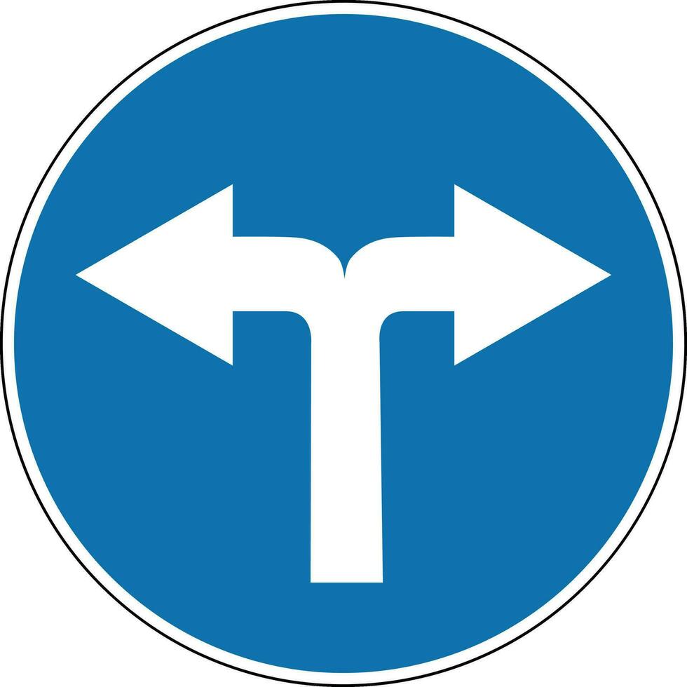 Sign turn left and right. Mandatory sign. Round blue sign. Turn right and left. Sign allows movement only to the right and to left. Obey the rules of the road. Road sign. vector