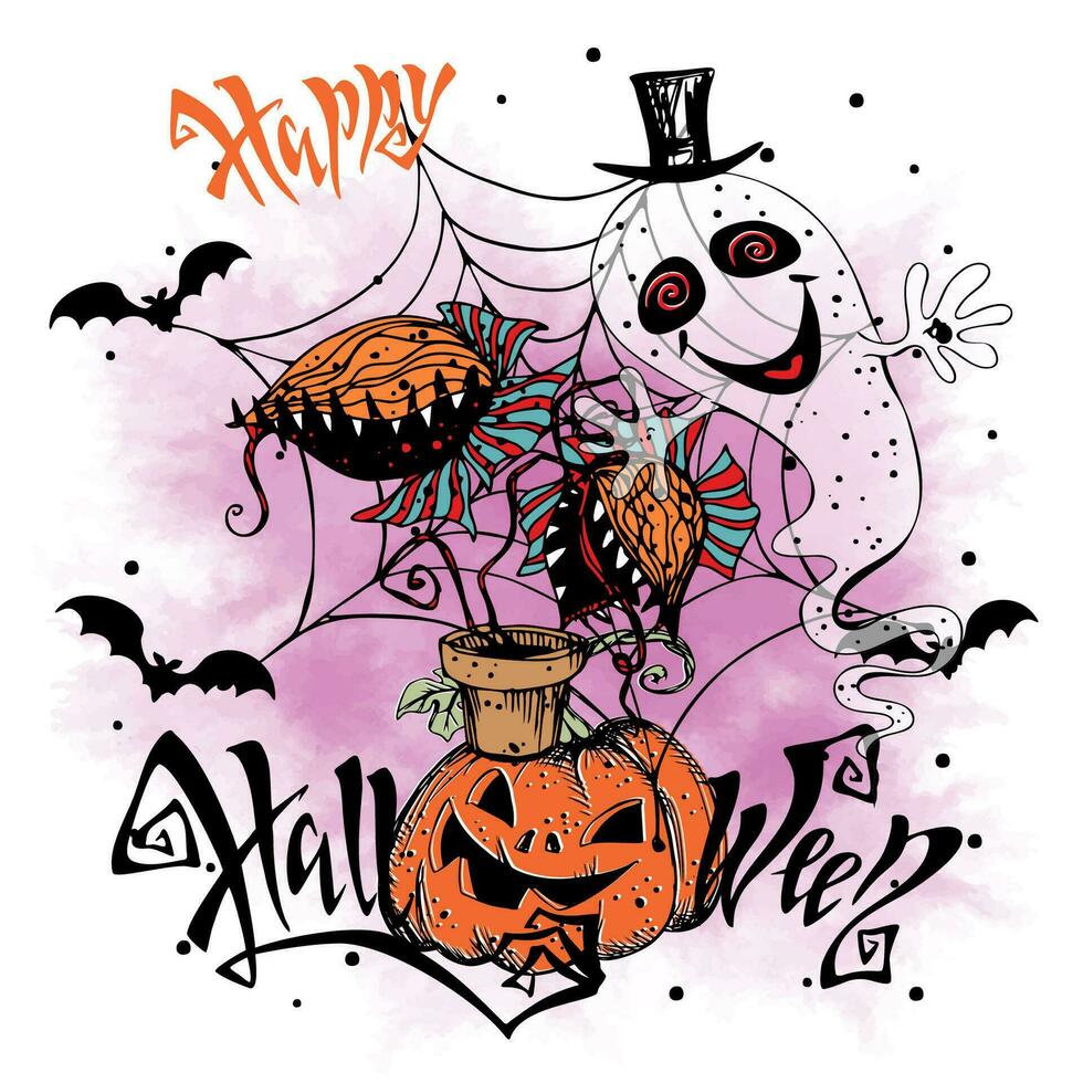 A Halloween greeting card. A ghost with a magic plant and a pumpkin. Vector
