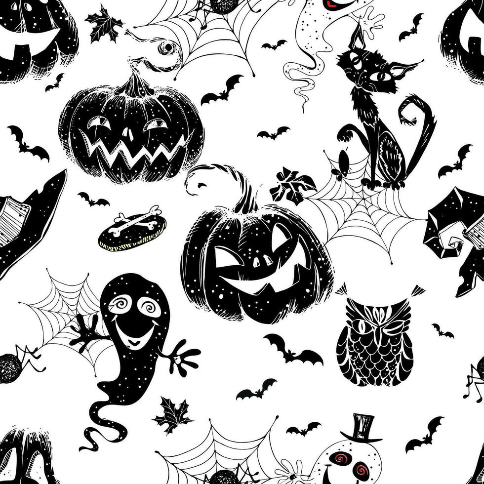 Seamless Halloween-themed pattern with pumpkins and various horror elements. Vector