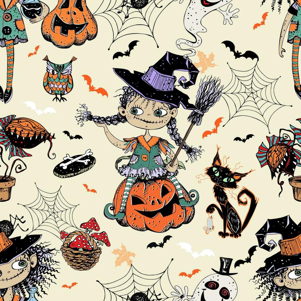 Seamless pattern on Halloween theme with little girls witches pumpkins and various horror elements. Vector