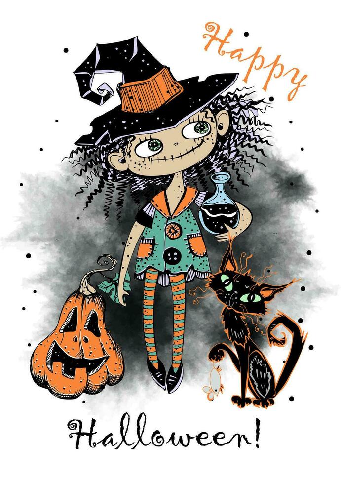 A cute little witch with a cat and a pumpkin with a magic potion. Halloween. Vector