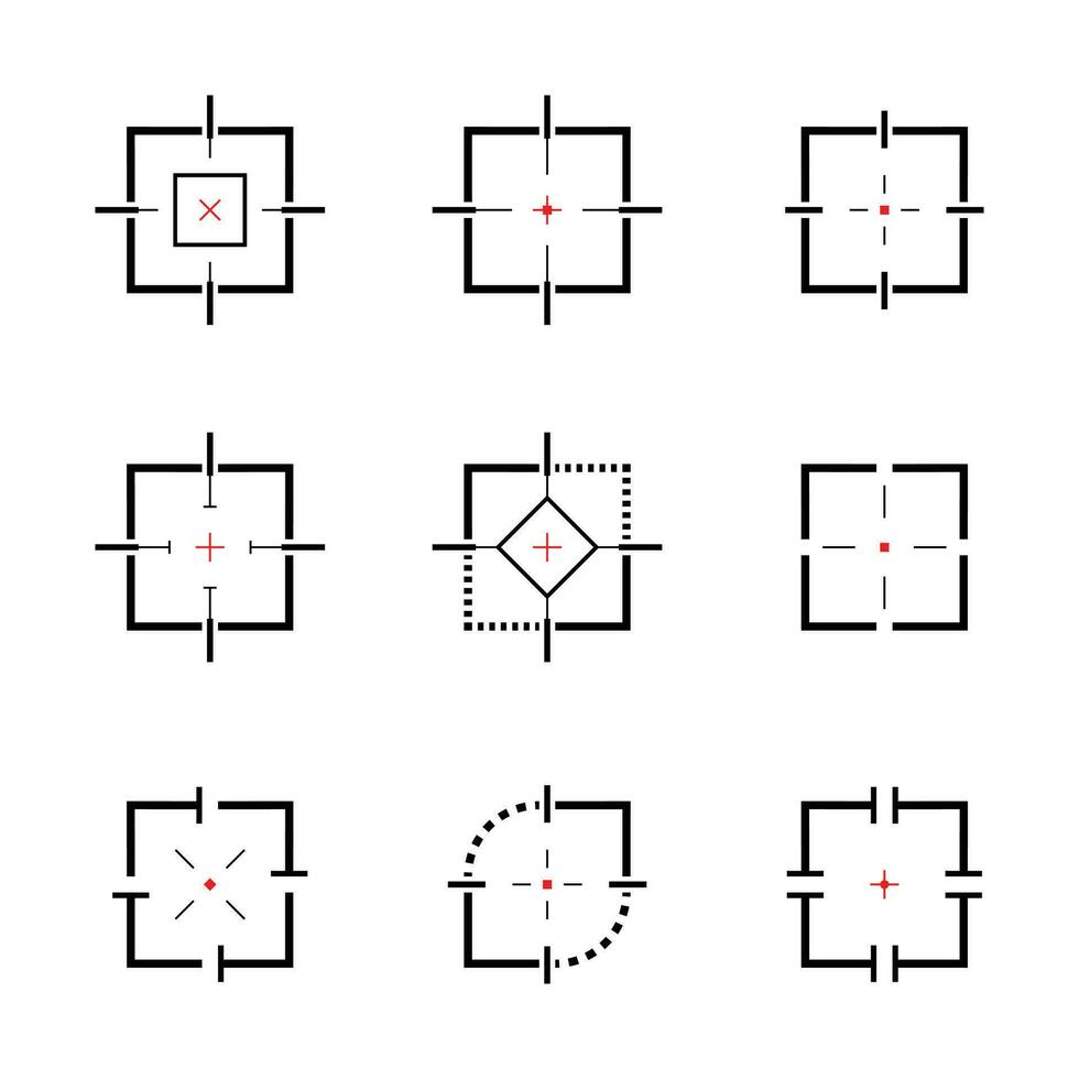 cruz de estilo cuadrado, icono de objetivo o objetivo establecido en iconos de cruz de color negro y rojo vector