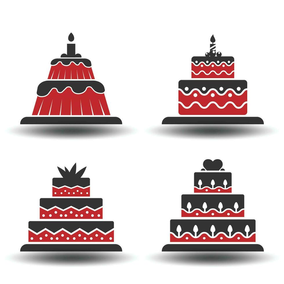 Cake set icons collection cake vector silhouette in black and red colors