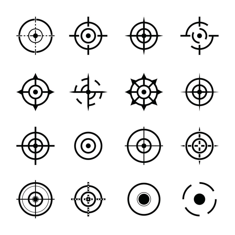 Conjunto de iconos de objetivo o objetivo de 16 iconos en color blanco y negro vector